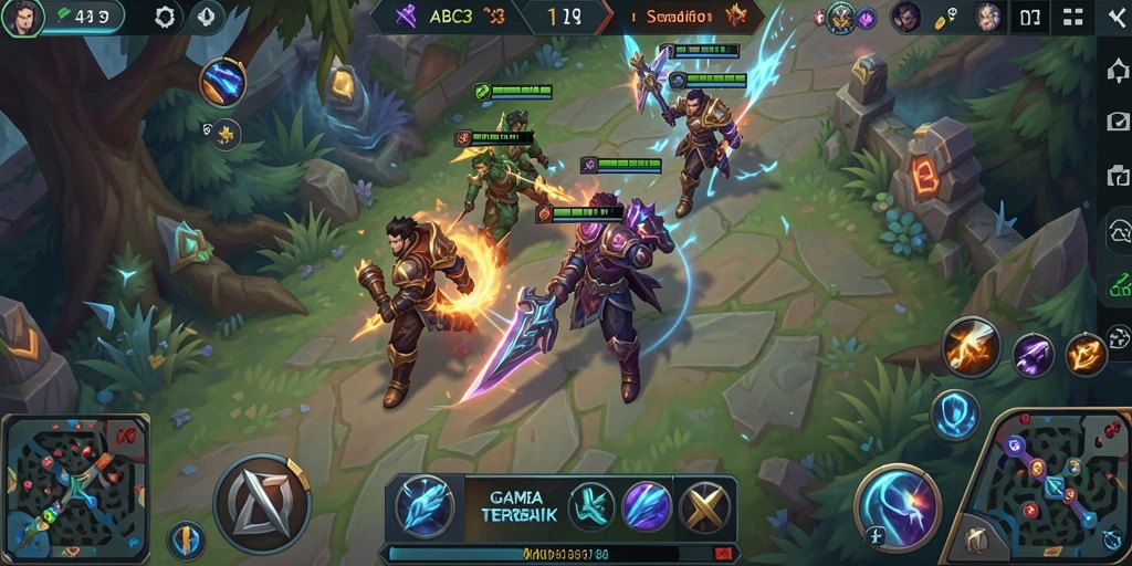 Tampilan gameplay seru dari ABC33 dalam pertarungan tim MOBA.