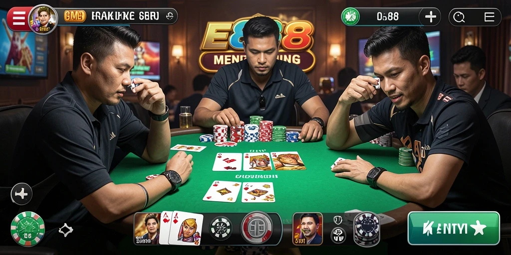 Screenshot gameplay E88 yang menampilkan aksi Poker yang seru.