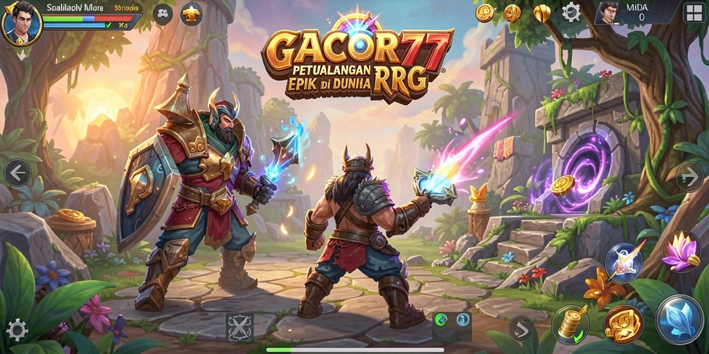 Screenshot utama GACOR77 menunjukkan pertarungan epik dalam game RPG.