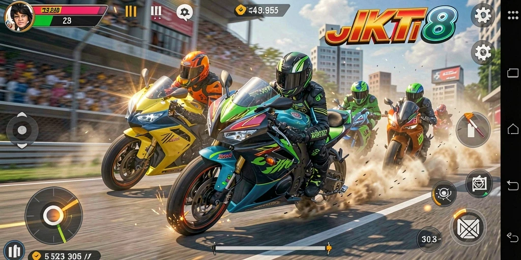Tampilan gameplay JKT8 yang penuh aksi dan kecepatan.