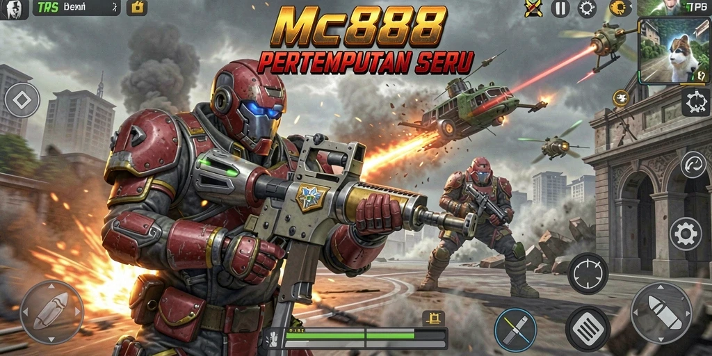 Screenshot gameplay MC888 menampilkan aksi tembak-menembak yang intens.