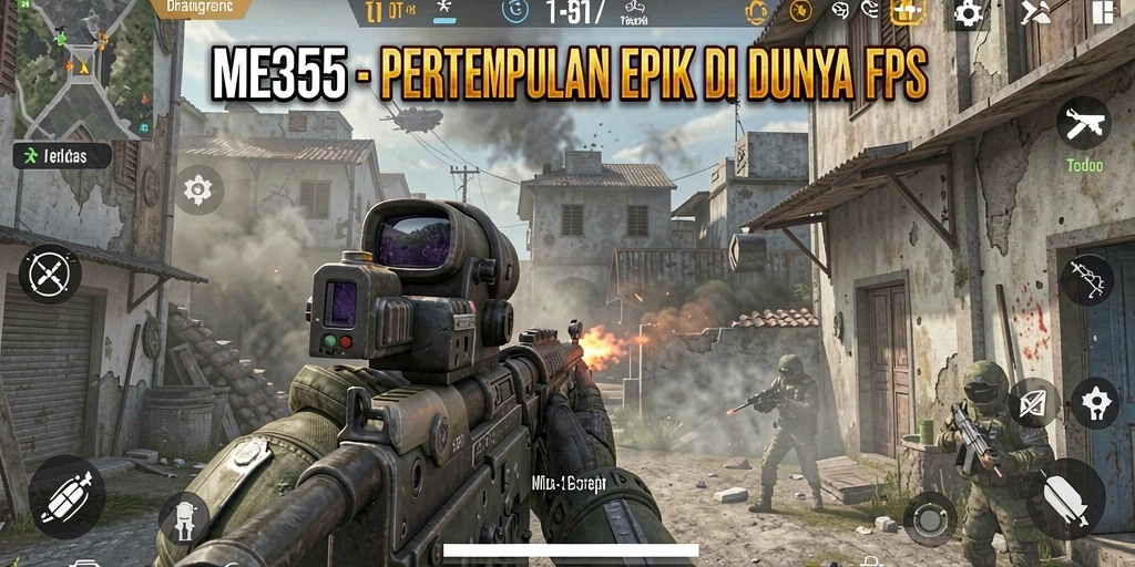 Screenshot utama ME355 menampilkan peperangan mendebarkan dalam mode FPS.
