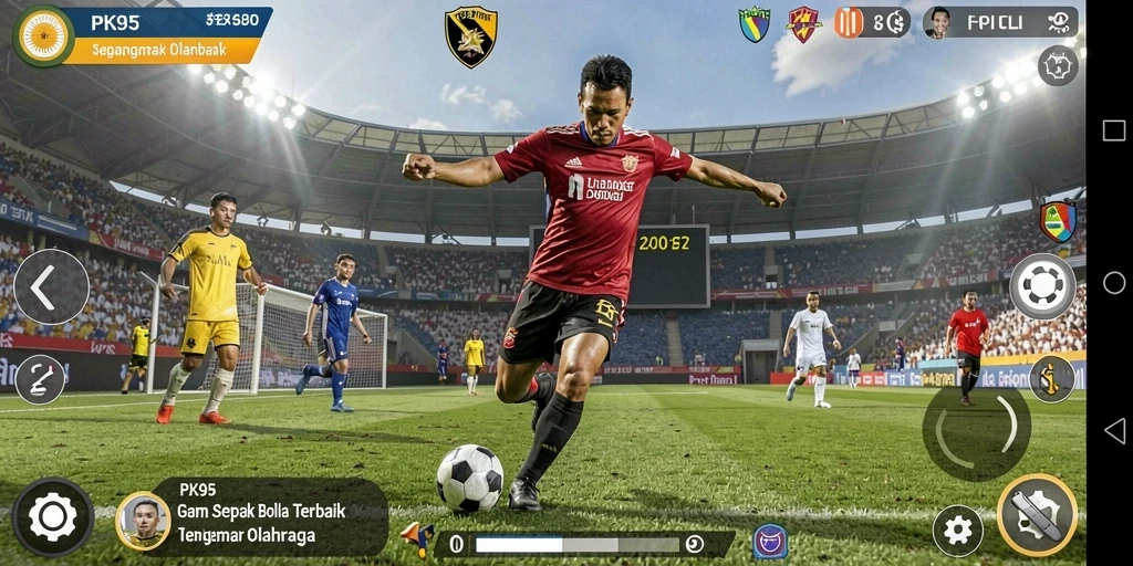 Tampilan gameplay PK95 yang mendebarkan di lapangan sepak bola.