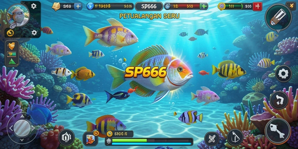 Screenshot SP666 menampilkan aksi menembak ikan yang seru dan penuh warna.