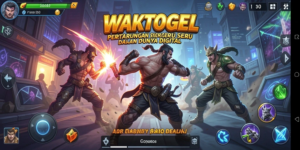 Tangkapan layar gameplay WAKTOGEL menunjukkan pertarungan epik dengan karakter beragam.