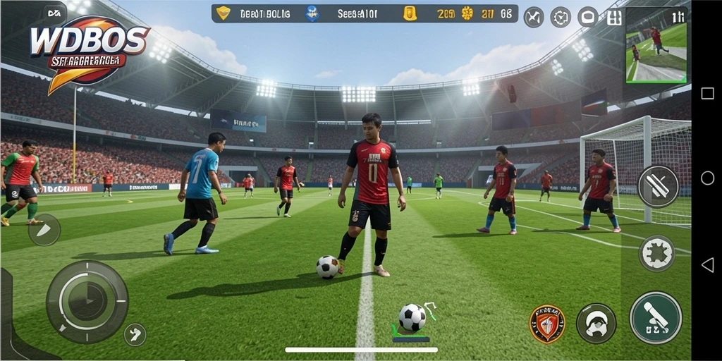 Tampilan gameplay WDBOS dengan aksi sepak bola yang mendebarkan.