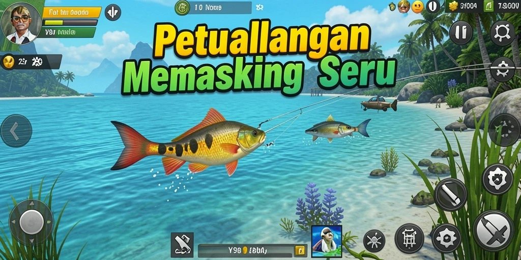 Screenshot gameplay Y89 menunjukkan aksi memancing di lokasi indah.