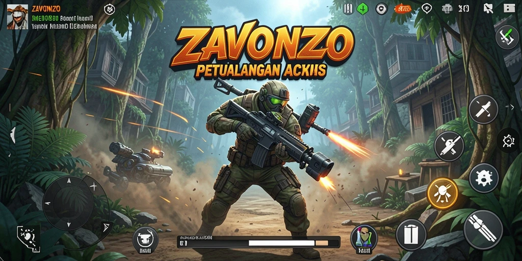 Screenshot utama ZAVONZO menampilkan aksi seru dalam pertempuran.